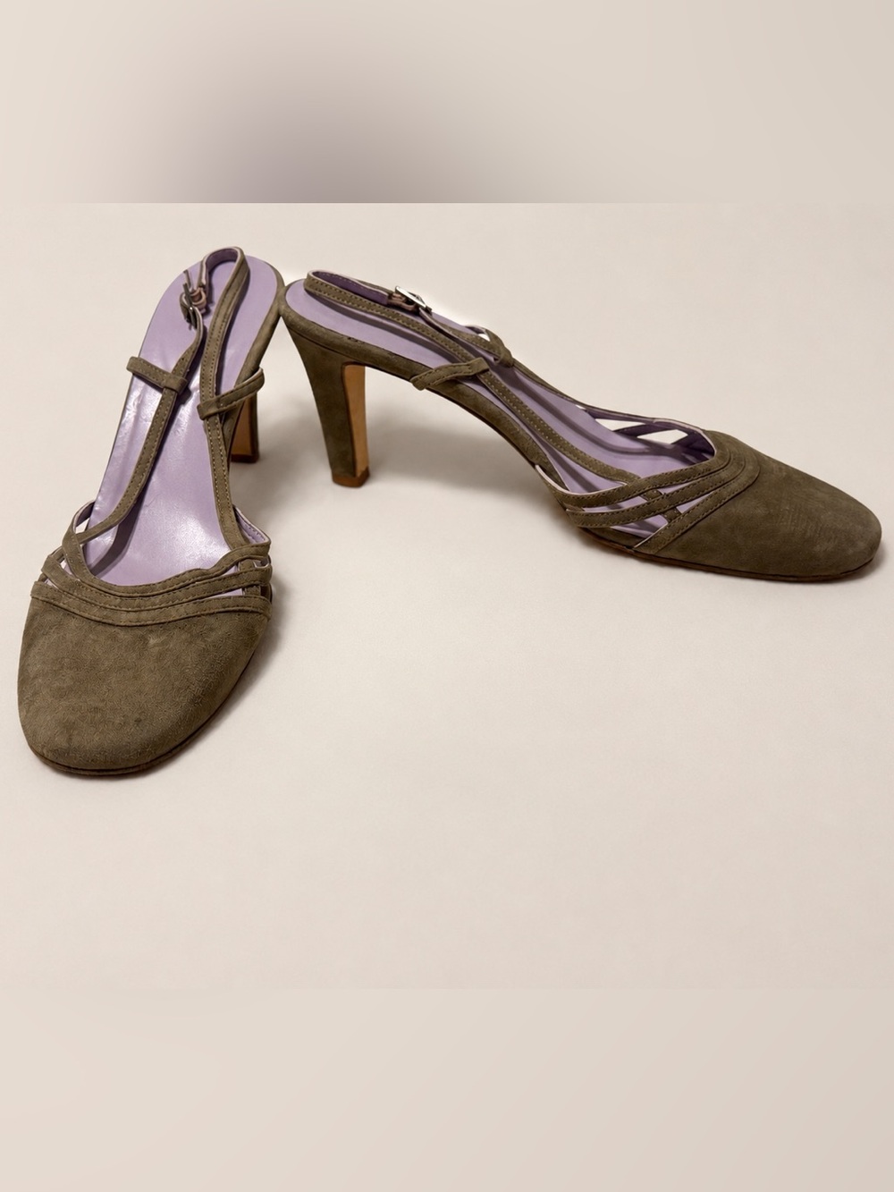 Boden Suede Slingback Heels Size 41 Taupe/Olive with Lavender Interior